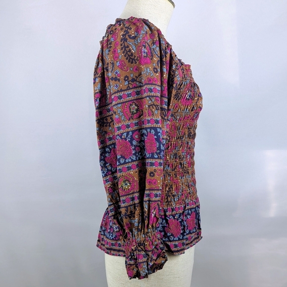 Haute Hippie Style Top Blouse Smocked Bodice Long Sleeve Floral Multicolor S NWT - Picture 6 of 11